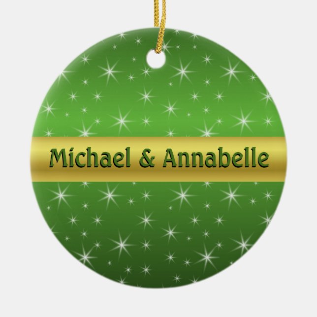 Green, Gold and Stars Personalised Ceramic Tree Decoration (Front)