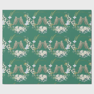 Green gold and white birds roses wrapping paper