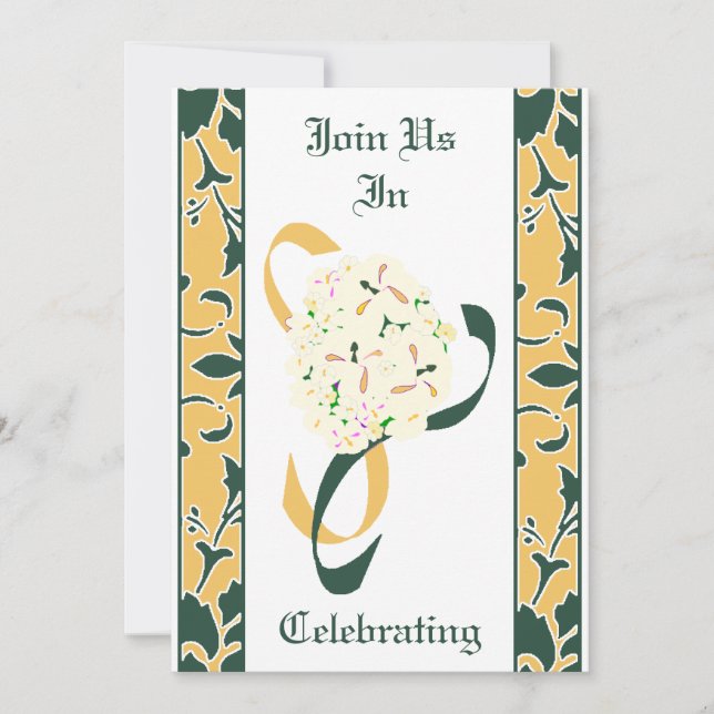 Green, Gold, and White, Damask Wedding Invitation (Front)
