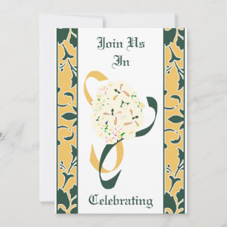 Green, Gold, and White, Damask Wedding Invitation