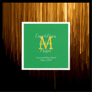 Green Gold and White Graduation Name Monogram  Napkin