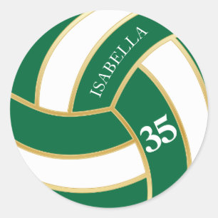 Green, Gold and White Volleyball- Personalize Classic Round Sticker