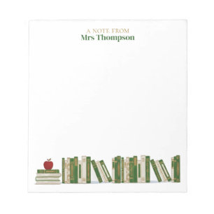 Green Gold Apple Bookshelf Personalized Teacher Notepad