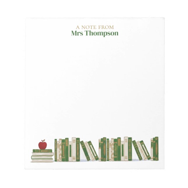 Green Gold Apple Bookshelf Personalized Teacher Notepad (Front)