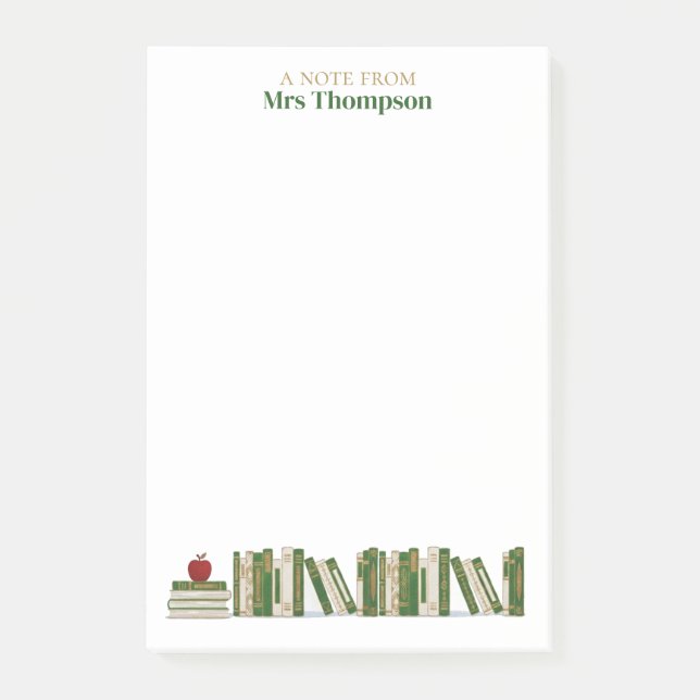 Green Gold Apple Bookshelf Personalized Teacher Post-it Notes (Front)