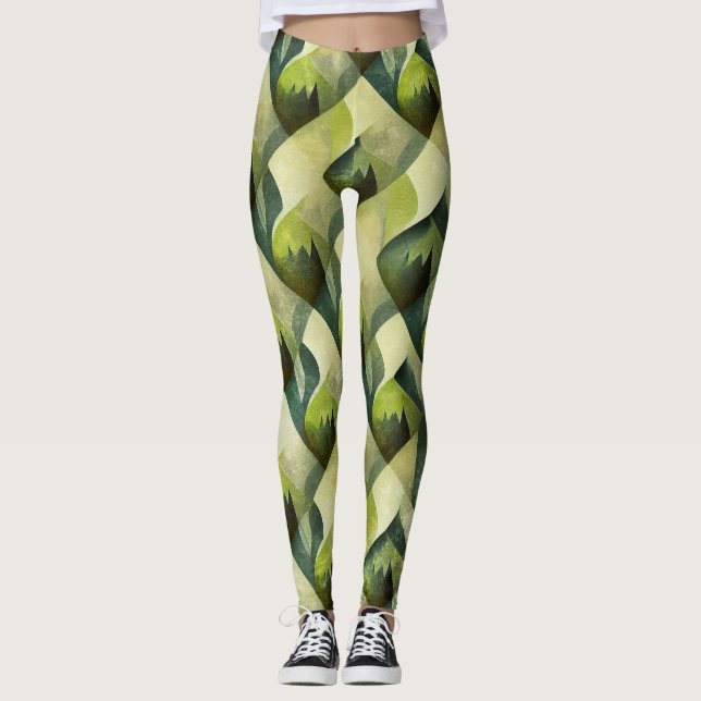 Green Gold Art Deco Geometric Pattern Leggings (Front)