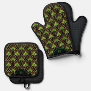 Green Gold Art Deco Pattern on Black Oven Mitt & Pot Holder Set