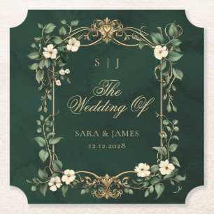 Green Gold Art Nouveau Enchanted Wedding Paper Coaster