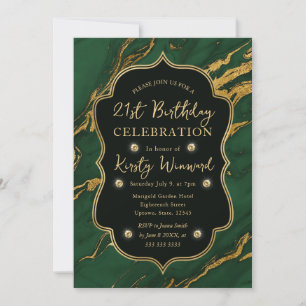 Green & Gold Autumn Fall Marble 21st Birthday Invitation