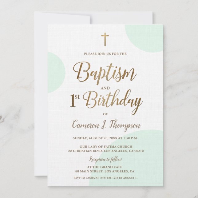 Green Gold Baby Boy Baptism 1st Birthday Invitation (Front)