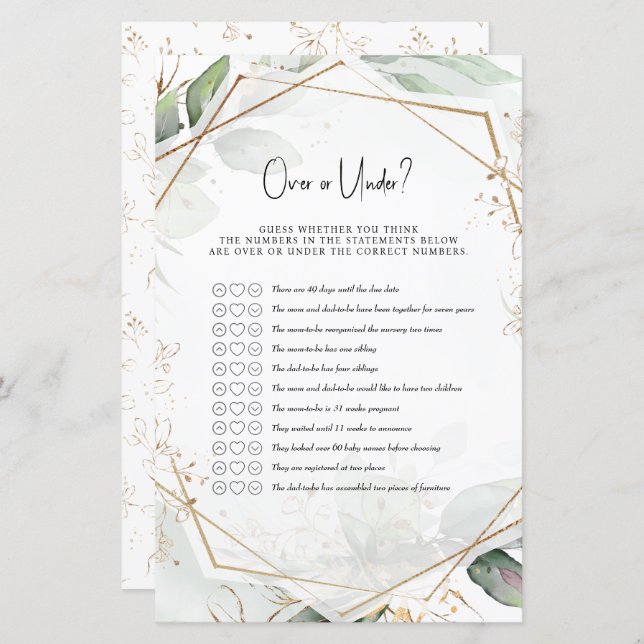 Green & Gold Baby Shower Game Over or Under? (Front/Back)