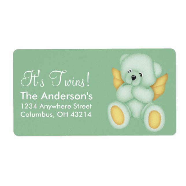 Green & Gold Baby Teddy Bear Angel Address Labels (Front)