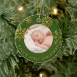 Green Gold Babys First Christmas Gift Ceramic Ornament<br><div class="desc">Bright green gold Snowflakes Christmas holiday photo ornament for new parents who just had a baby. Personalise it by adding the name. Makes a perfect gift for your friends or family.</div>