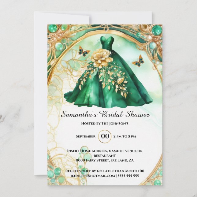 Green gold ballgown floral butterfly bride to be invitation (Front)