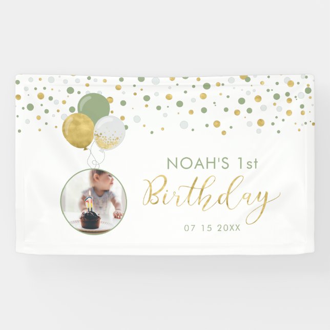 Green & Gold Balloon 1st Birthday Photo Banner (Horizontal)
