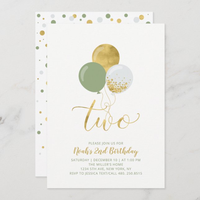 Green & Gold Balloons Boy 2nd Birthday Party Invitation (Front/Back)