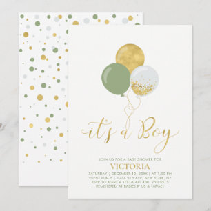 Green & Gold Balloons   Oh Baby Boy Baby Shower Invitation