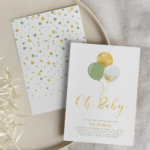 Green & Gold Balloons Oh Baby Boy Baby Shower Invitation
