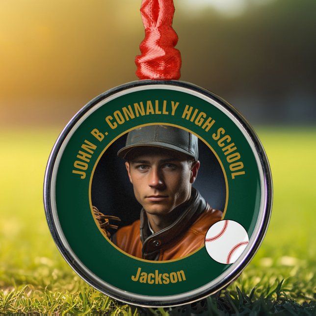 Green Gold Baseball Player Photo Christmas Metal Ornament (Creator Uploaded)