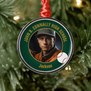 Green Gold Baseball Player Photo Christmas Metal Ornament