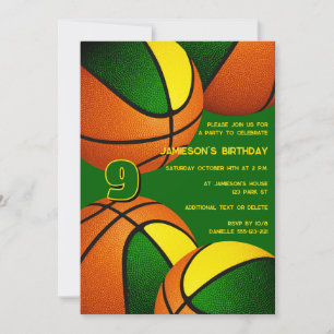 green gold basketballs kids sports birthday invitation