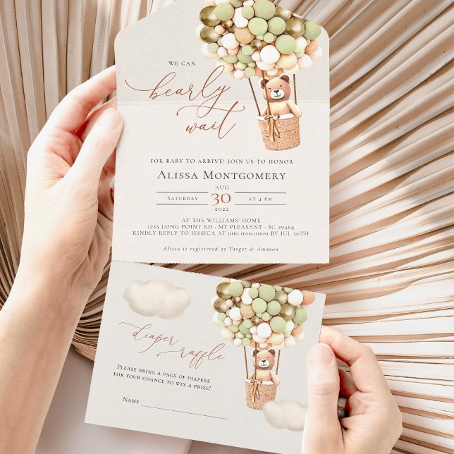 Green Gold Bear Balloons Baby Shower All In One Invitation (Creator Uploaded)