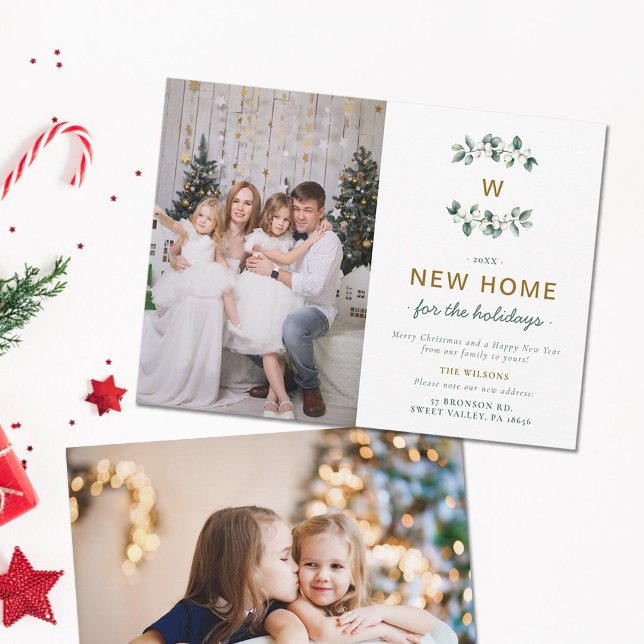 Green Gold Berries Moving Family Monogram 2 Photos Holiday Card (Moving Announcement Family Monogram Two Photos Holidays Christmas Card Elegant Classy Modern Berries)
