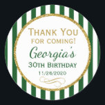 Green Gold Birthday Thank You Coming Favour Tags<br><div class="desc">Elegant birthday stickers featuring dark green and white stripes with sophisticated gold glitter accent frame. These fashionable and stylish birthday stickers will be a hit for any birthday party decor and as favour tags. Great for 21st 30th 35th 40th 45th 50th 55th 60th 65th 70th 75th 80th 85th 90th 95th,...</div>