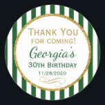 Green Gold Birthday Thank You Coming Favour Tags<br><div class="desc">Elegant birthday stickers featuring dark green and white stripes with sophisticated gold glitter accent frame. These fashionable and stylish birthday stickers will be a hit for any birthday party decor and as favour tags. Great for 21st 30th 35th 40th 45th 50th 55th 60th 65th 70th 75th 80th 85th 90th 95th,...</div>