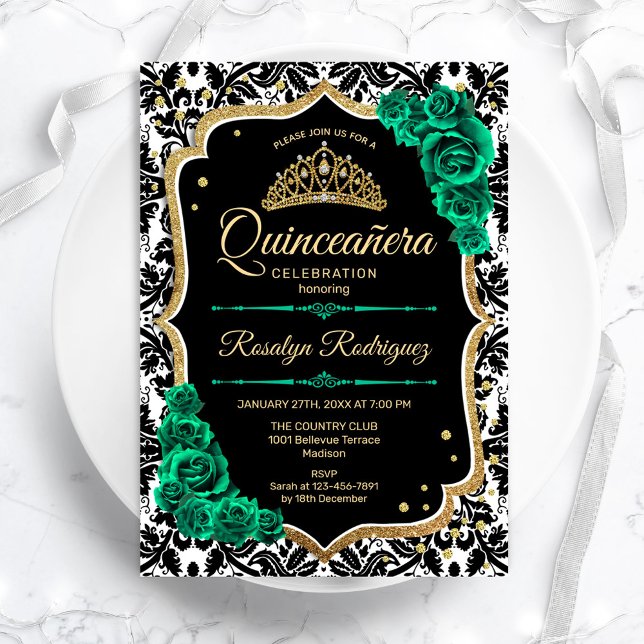 Green Gold Black Damask Elegant Quinceanera Invitation (Creator Uploaded)