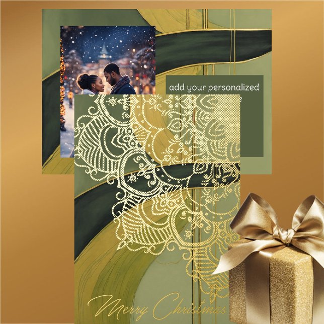 Green Gold Black Elegant Filigree Christmas Photo Foil Holiday Card (Filigree Gold Foil Elegance - Modern Earthy Vibe - Christmas Card)