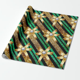 Green Gold & Black Faux Glitter Gold Diamond Bows Wrapping Paper