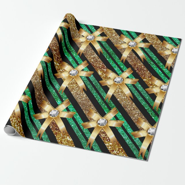 Green Gold & Black Faux Glitter Gold Diamond Bows Wrapping Paper (Unrolled)