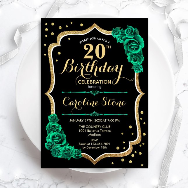 Green Gold Black Floral 20th Birthday Invitation (Creator Uploaded)