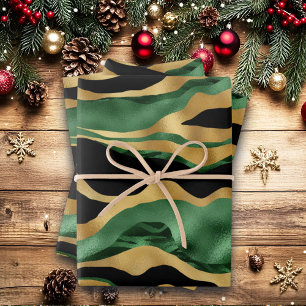 Green Gold Black Glitter Waves Wrapping Paper Sheet