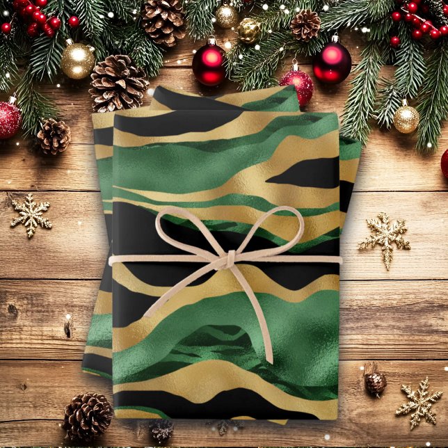 Green Gold Black Glitter Waves Wrapping Paper Sheet (Creator Uploaded)