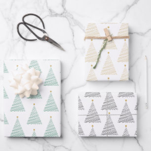 Green, Gold, & Black Line Art Christmas Trees  Wrapping Paper Sheet