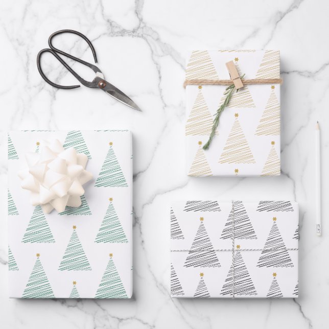 Green, Gold, & Black Line Art Christmas Trees  Wrapping Paper Sheet (Front)