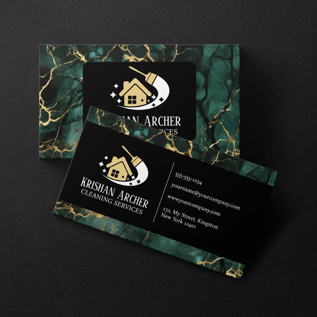 Green Gold Black Marble Cleaning Houses maid  Business Card (Creator Uploaded)