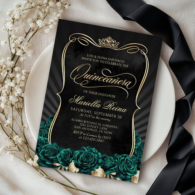 Green Gold Black Quinceañera Invitation (Creator Uploaded)