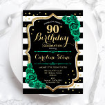 Green Gold Black & White Stripes 90th Birthday Invitation<br><div class="desc">90th Birthday Party Invitation. Elegant floral emerald green design with faux glitter gold and roses. Features black and white stripes and script font. Perfect for a stylish womens bday celebration. Can be customised for any age! Printed Zazzle invitations or instant download digital printable template.</div>