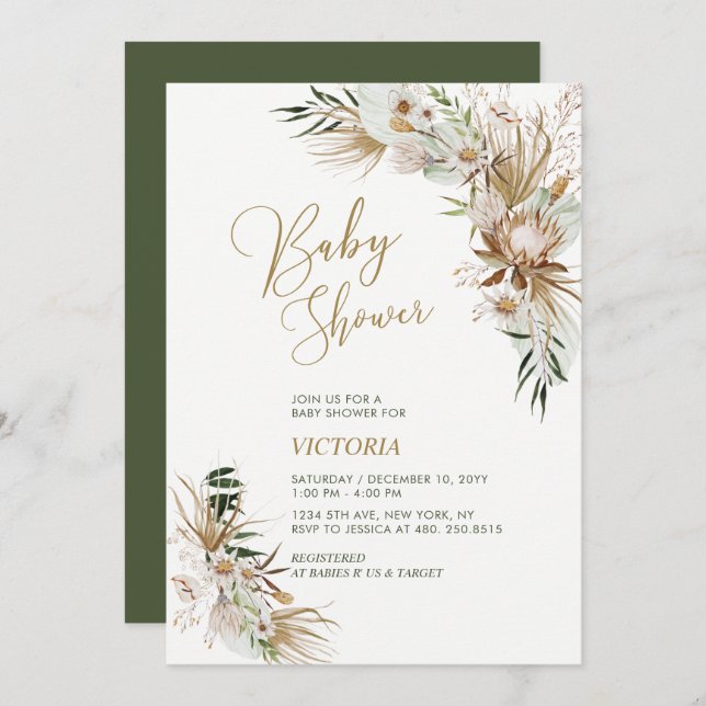 Green & Gold Boho Botanical Baby Shower Invitation (Front/Back)