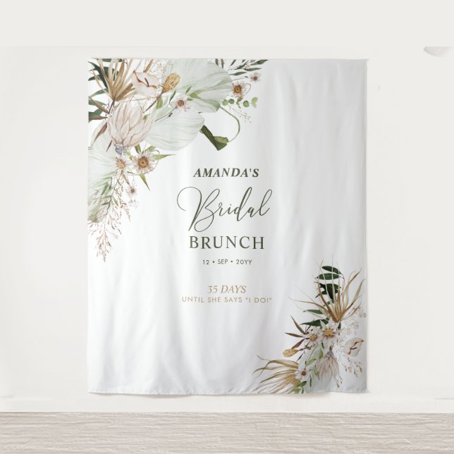 Green & Gold Boho Bridal Shower Brunch Backdrop Tapestry (Front)