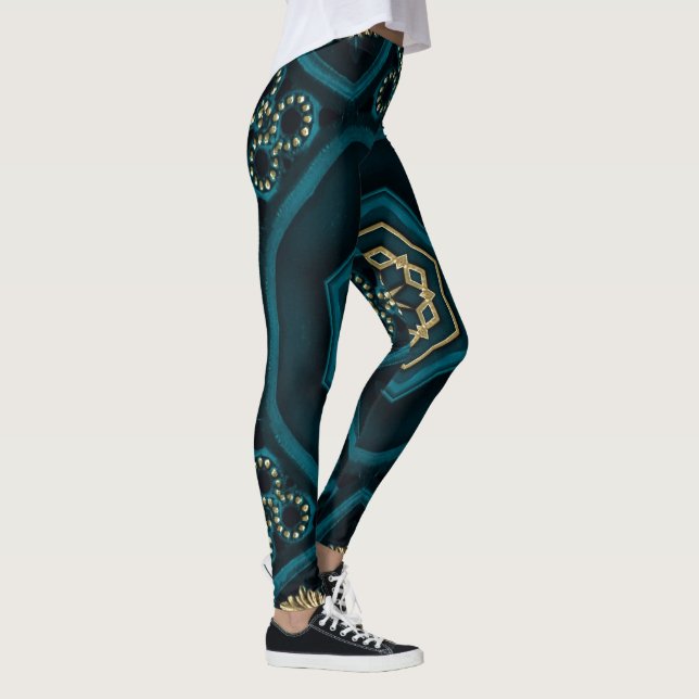 Green Gold Boho Rosette Mandala Leggings (Right)