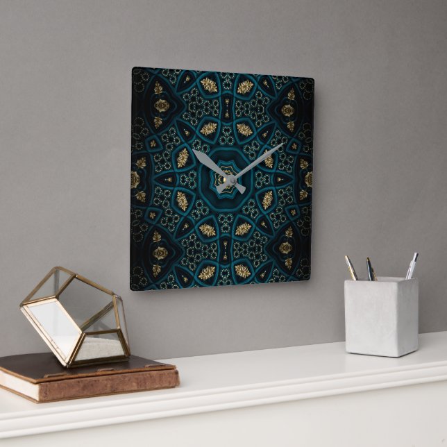 Green Gold Boho Rosette Mandala Square Wall Clock (Office)