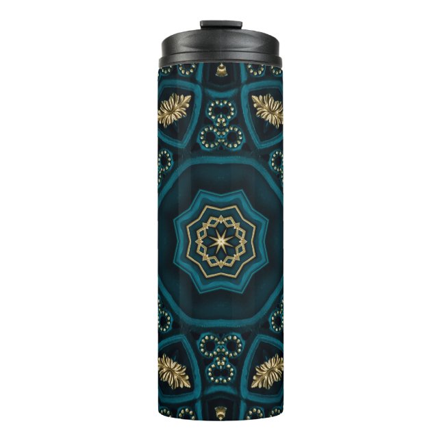 Green Gold Boho Rosette Mandala Thermal Tumbler (Front)