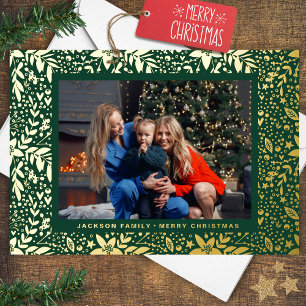 Green & GOLD Botanical Christmas Frame Photo Foil Holiday Card