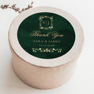 Green Gold Botanical Crest Wedding Thank you Classic Round Sticker