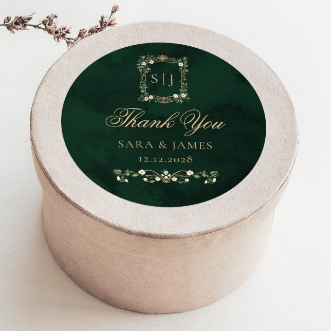 Green Gold Botanical Crest Wedding Thank you Classic Round Sticker (Creator Uploaded)
