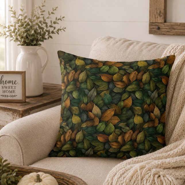 Green Gold Botanical Earth Tones Fall Leaves Cushion (Creator Uploaded)